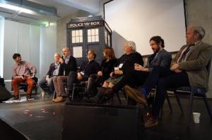 The Big Finish Panel. From second left, Jason Haigh-Ellery, Nick Briggs (with microphone), Nev Fountain, Nicola Bryant, Terry Molloy (in kilt), Paul McGann and Toby Hadoke. (Photo by Timelash)
